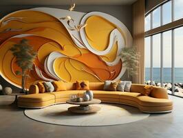 Modern living room with curve couch and yellow and white textured wall AI Generative photo