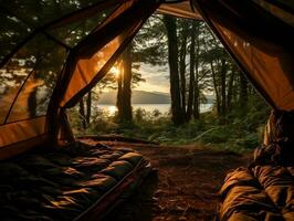 View through a tent in the forest AI Generative photo