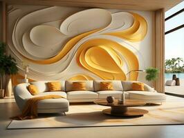 Modern living room with curve couch and yellow and white textured wall AI Generative photo