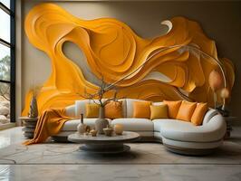 Modern living room with curve couch and yellow and white textured wall AI Generative photo