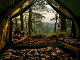 View through a tent in the forest AI Generative photo