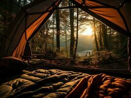 View through a tent in the forest AI Generative photo