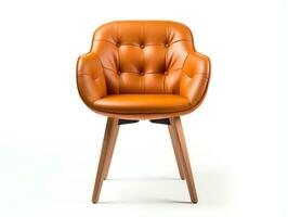 Wooden four legs round chair with leather armrests isolated in white background AI Generative photo