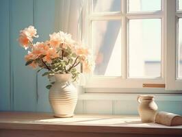 Interior room with elegant window and stylish flower in corner AI Generative photo