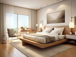 Bright modern double bedroom with furniture AI Generative photo
