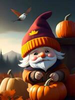Cute Fall Gnome In Autumn Season With Pumpkins. Generative AI photo