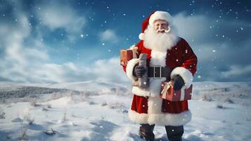 alegre Papa Noel claus con regalos en pie generado por ai foto