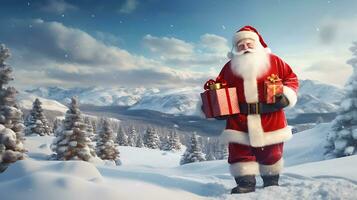 Cheerful Santa Claus with presents standing generated by Ai photo