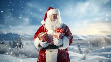 alegre Papa Noel claus con regalos en pie en el cielo generado por ai foto