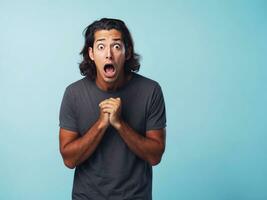 shocking reaction of man on blue background generative ai photo