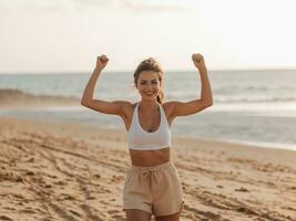 fit women rising hand in air near sea generative ai photo