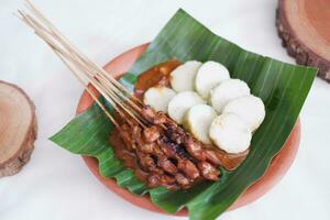 chicken satay on a white plate with peanut sauce photo