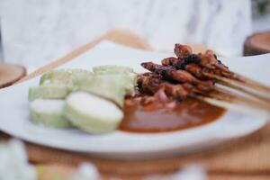 chicken satay on a white plate with peanut sauce photo