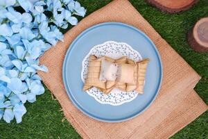 Lepet or Leupeut is a type of snack made from glutinous rice mixed with peanuts, cooked in coconut milk, then wrapped in coconut leaves. Close up view photo