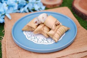 Lepet or Leupeut is a type of snack made from glutinous rice mixed with peanuts, cooked in coconut milk, then wrapped in coconut leaves. Close up view photo