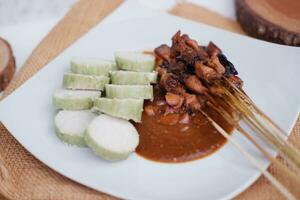 chicken satay on a white plate with peanut sauce photo