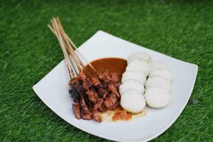 chicken satay on a white plate with peanut sauce photo