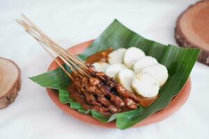 chicken satay on a white plate with peanut sauce photo