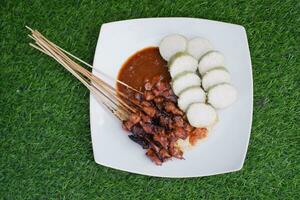 chicken satay on a white plate with peanut sauce photo