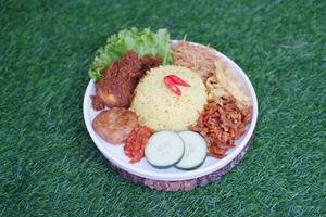 indonesian style yellow rice with minced chicken in white plate on green grass background photo