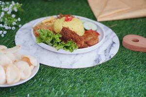indonesian style yellow rice with minced chicken in white plate on green grass background photo