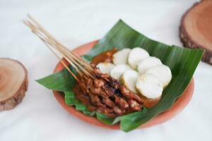 chicken satay on a white plate with peanut sauce photo