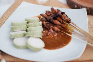 chicken satay on a white plate with peanut sauce photo