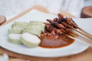 chicken satay on a white plate with peanut sauce photo