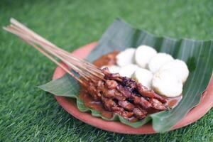 chicken satay on a white plate with peanut sauce photo