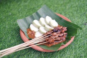 chicken satay on a white plate with peanut sauce photo