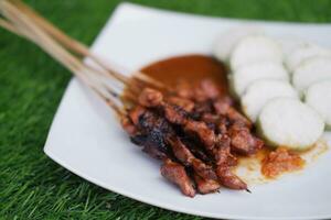 chicken satay on a white plate with peanut sauce photo