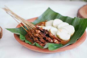 chicken satay on a white plate with peanut sauce photo