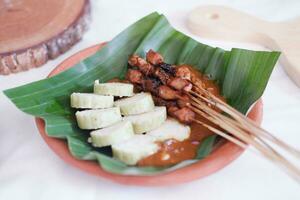 chicken satay on a white plate with peanut sauce photo