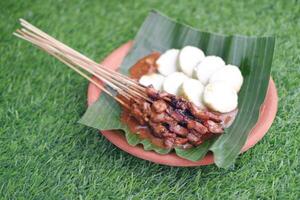 chicken satay on a white plate with peanut sauce photo