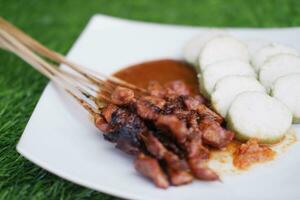 chicken satay on a white plate with peanut sauce photo