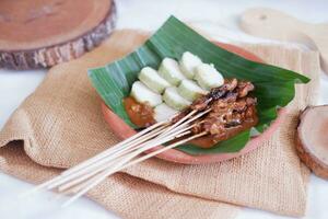 chicken satay on a white plate with peanut sauce photo