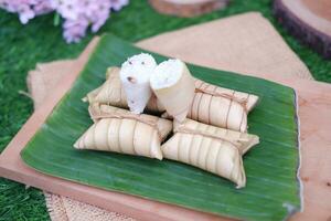 Lepet or Leupeut is a type of snack made from glutinous rice mixed with peanuts, cooked in coconut milk, then wrapped in coconut leaves. Close up view photo