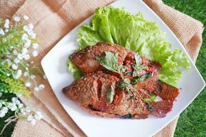 Fried mackerel fish with chili sauce photo