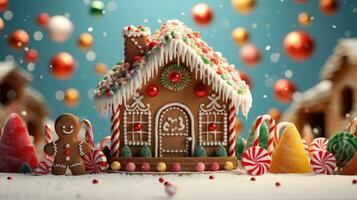 pan de jengibre casa con Navidad decoración Navidad fiesta dulces, generativo ai foto