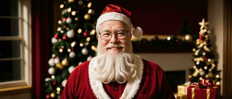 Papa Noel sonriente en Navidad con regalos y Navidad árbol, ai generado foto