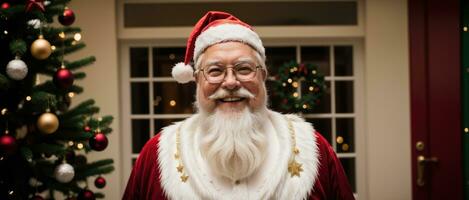 Papa Noel sonriente en Navidad con regalos y Navidad árbol, ai generado foto