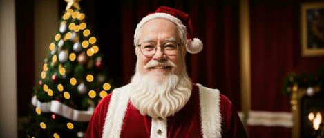 Papa Noel sonriente en Navidad con regalos y Navidad árbol, ai generado foto