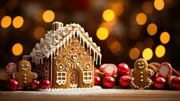 pan de jengibre casa con Navidad decoración Navidad fiesta dulces, generativo ai foto