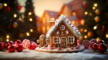 pan de jengibre casa con Navidad decoración Navidad fiesta dulces, generativo ai foto