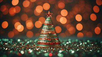 Navidad árbol Navidad fiesta decoración con Brillantina bokeh fondo, generativo ai foto