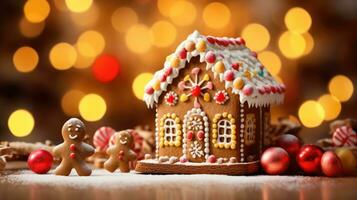 pan de jengibre casa con Navidad decoración Navidad fiesta dulces, generativo ai foto