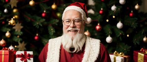 Papa Noel sonriente en Navidad con regalos y Navidad árbol, ai generado foto