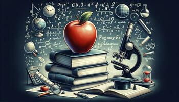 An illustration portraying a classic school setting with notable educational symbols such as an apple on books, a blackboard, a globe, a microscope, and a graduation cap. AI Generated photo