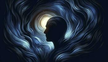 An illustration of a figure enveloped in darkness, with swirls of deep blues and blacks conveying the engulfing nature of depression. AI Generated photo