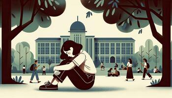 An illustration emphasizing the girl's deep sense of despair as she sits on the ground in a college campus setting. AI Generated photo